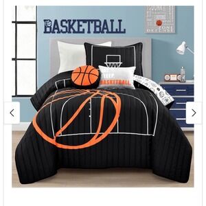 Lush Decor Basketball Game 4pc Quilt Set Twin Black Orange Reversible Bedding
